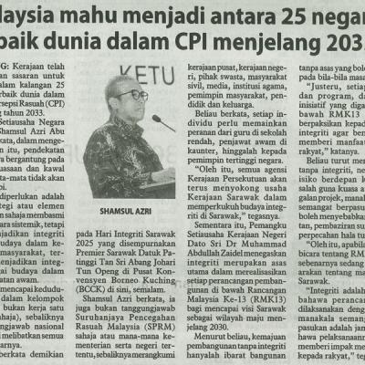 29 Ogos 2025 Utusan Borneo Pg.3malaysia Mahu Menjadi Antara 25 Negara Terbaik Dunia Dalam Cpi Menjelang 2033