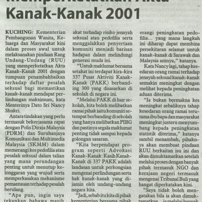 15 September 2025 Utusan Borneo Pg.3 Kerajaan Dalam Proses Awal Laksana Pindaan Ruu Memperketatkan Akta Kanak Kanak 2001