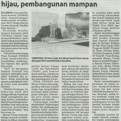 9 September 2025 Utusan Borneo Pg.4 Unimas Bureau Veritas Bekerjasama Ke Arah Ekonomi Hidrogen Pensijilan Hijau Pembangunan Mampan